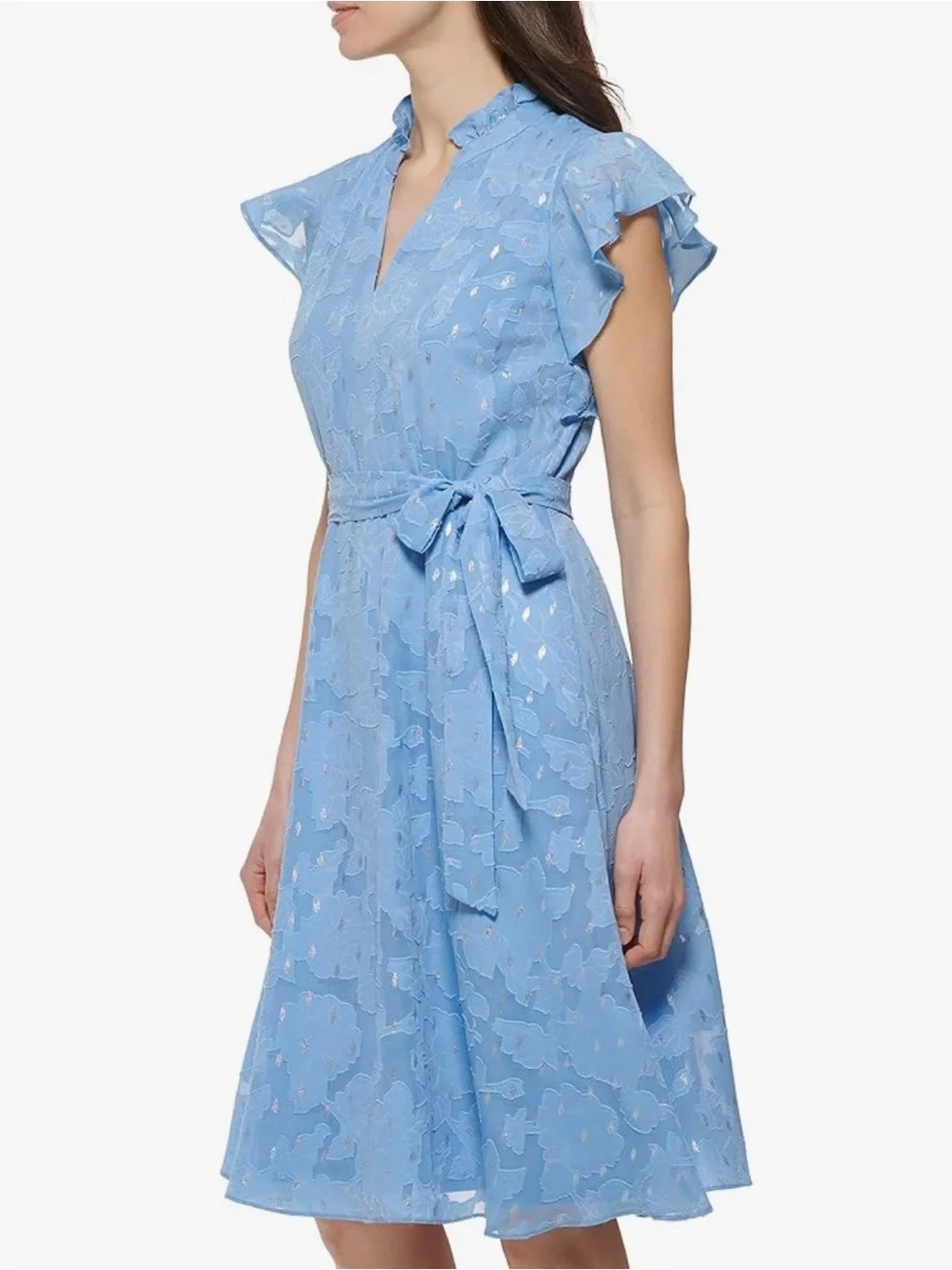 Jessica Howard Blue Chiffon Floral Shimmer Fit &Flare Midi Dress Petite NWT - Picture 3 of 6